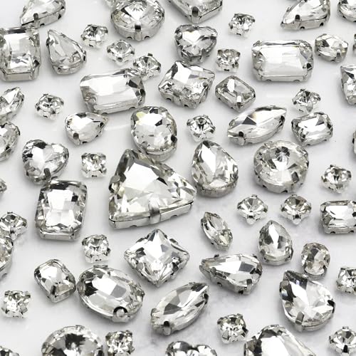 Dowarm White Sew on Rhinestones 104 PCS Mixed Shapes Glass Sew on Crystals for Crafts Metal Flatback Claw Gemstones for Jewelry Making Costumes Clothes Garment, Crystal Clear - Image 1