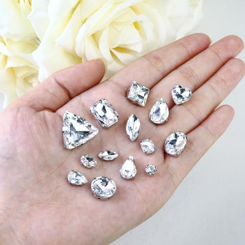 Dowarm White Sew on Rhinestones 104 PCS Mixed Shapes Glass Sew on Crystals for Crafts Metal Flatback Claw Gemstones for Jewelry Making Costumes Clothes Garment, Crystal Clear - Image 2
