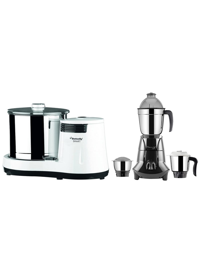 Butterfly Acrylonitrile Butadiene Styrene Smart Wet Grinder, 2L (White) with Coconut Scrapper Attachment, 150 Watt & Jet Elite 750-Watt Mixer Grinder with 3 Jars (Grey) - Image 1
