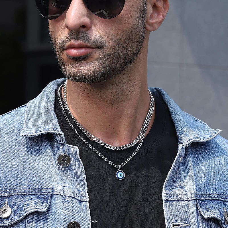 RS Layered Evil Eye Necklaces for Men Boys Layering Stainless Steel Blue Third Pendant Chain Necklace Jewelry Gifts Him Son Teen Teenage Silver - Image 3
