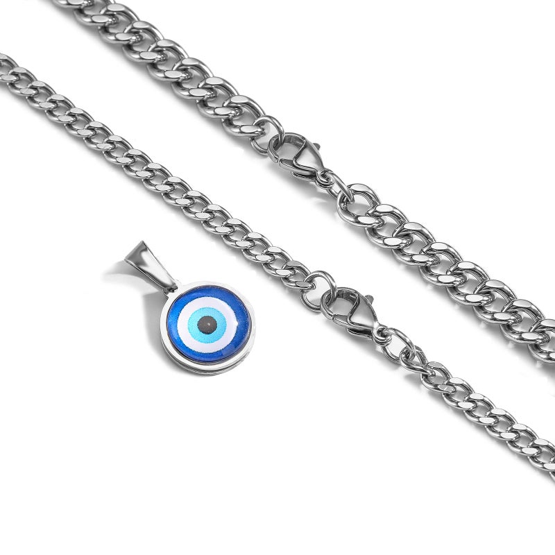 RS Layered Evil Eye Necklaces for Men Boys Layering Stainless Steel Blue Third Pendant Chain Necklace Jewelry Gifts Him Son Teen Teenage Silver - Image 4