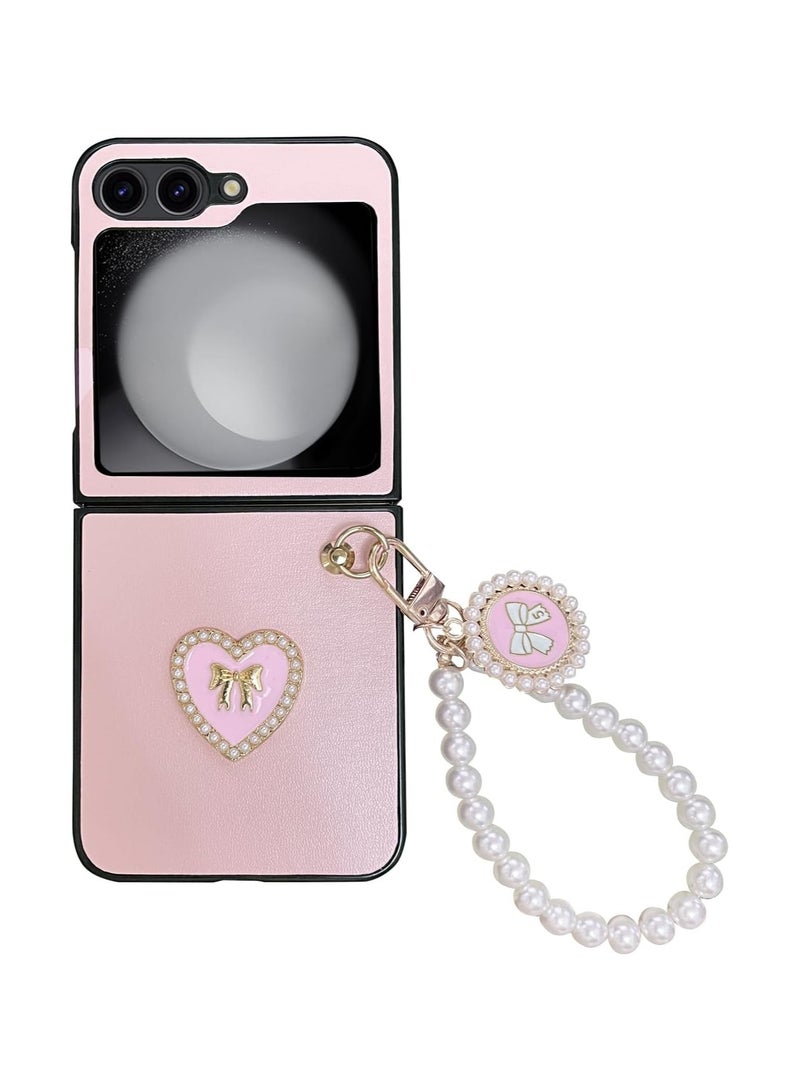 general Galaxy Z Flip 6 Cute Phone Case with Strap,Heart Design Z Flip 6 Women's Case,Samsung Galaxy Z Flip 6 Lightweight Full Protection PU Leather Case - Image 1