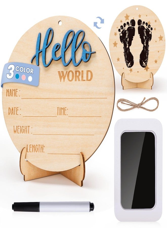 Giftacity Baby Hello World Announcement Sign: Wooden Blue Baby Newborn Signs for Hospital with Footprint - Birth Round Board for Welcome New Boy Nursery Gifts - Image 1