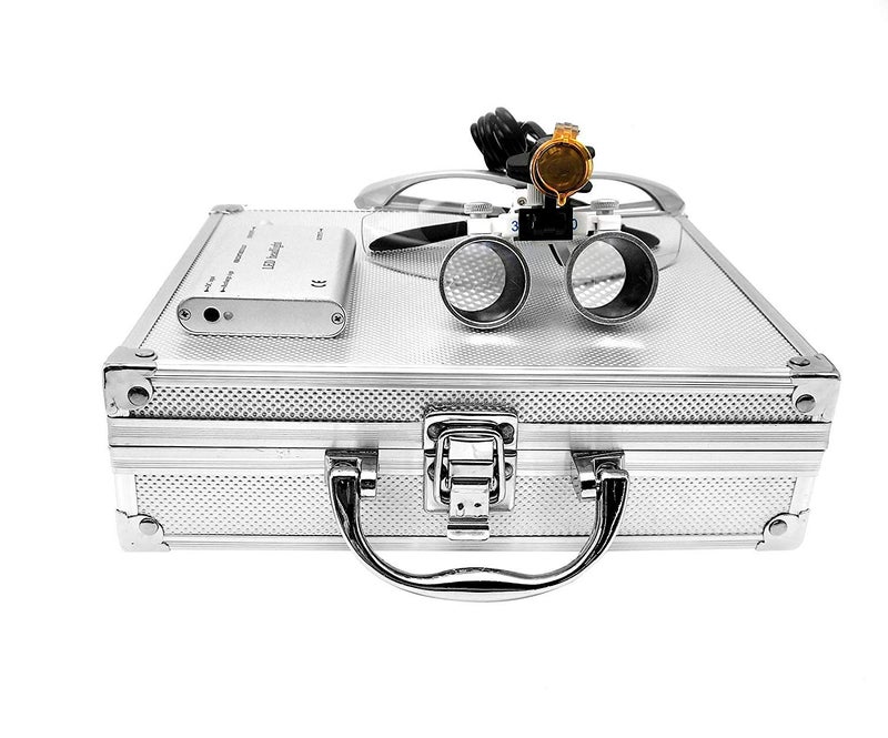EAST Brand 3.5X 420mm Working Distance Optical Glass Surgical Binocular Loupes and LED Head Light Lamp with Filter Aluminum Box Style (Silver) - Image 1