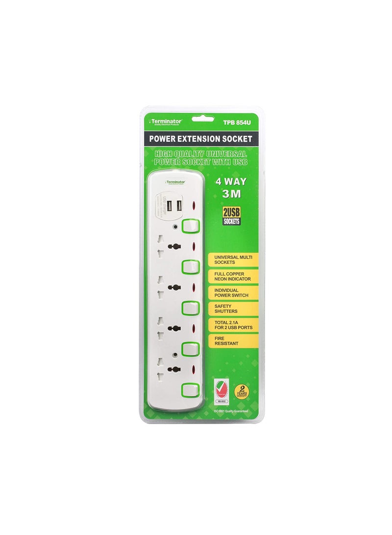 Terminator HD 4 Way 3 Meter Universal Power Extension Cord With 2 USB Port - Image 2