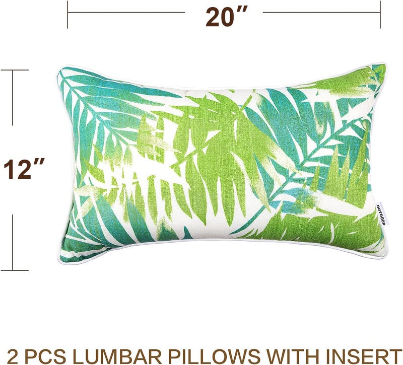 JMGBird Outdoor Pillows Set of 2 with Inserts - 12x20 Waterproof Throw Pillows for Patio Furniture, White Green Palm Leaf Decorative Cushions - Image 4