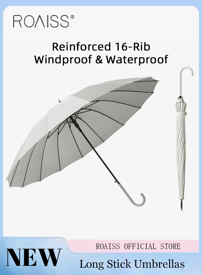 roaiss Unisex Straight-Pole Long-Handled Umbrella with High-Density Waterproof Coating Leather Handle Curved Hook for Easy Grip Semi-Auto 16-Rib Design for Rain Sun and Wind - Image 1