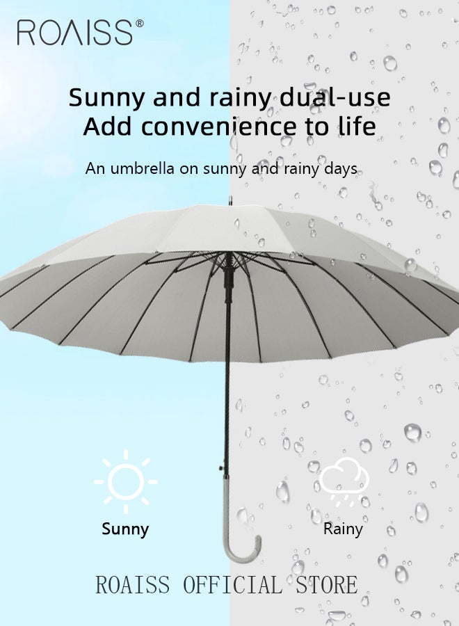 roaiss Unisex Straight-Pole Long-Handled Umbrella with High-Density Waterproof Coating Leather Handle Curved Hook for Easy Grip Semi-Auto 16-Rib Design for Rain Sun and Wind - Image 2