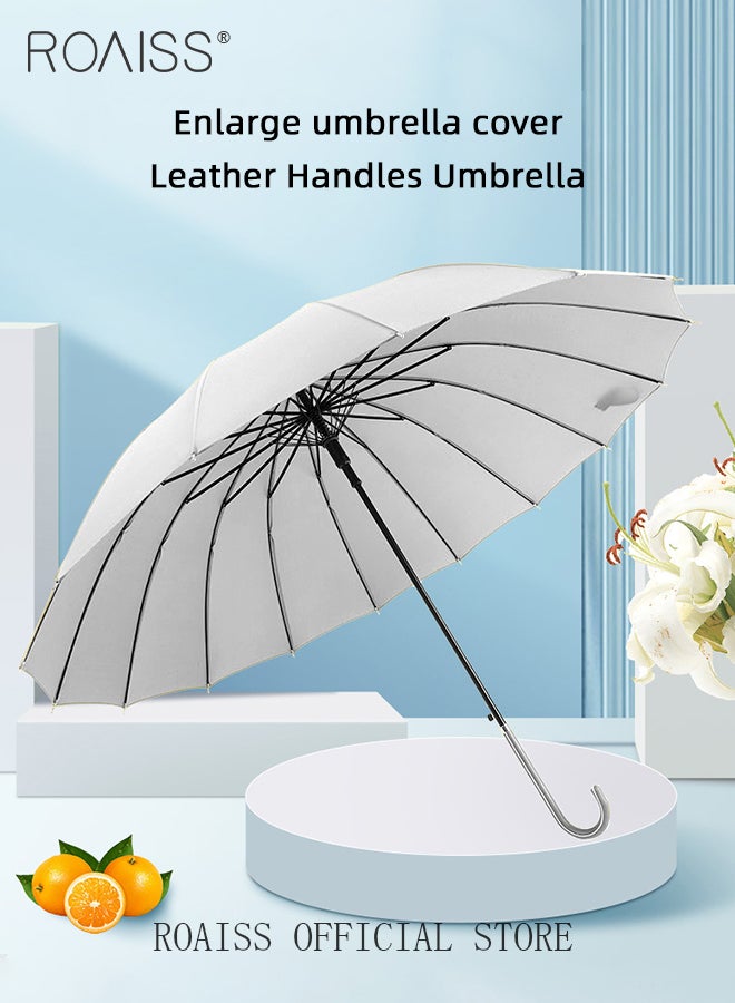 roaiss Unisex Straight-Pole Long-Handled Umbrella with High-Density Waterproof Coating Leather Handle Curved Hook for Easy Grip Semi-Auto 16-Rib Design for Rain Sun and Wind - Image 4