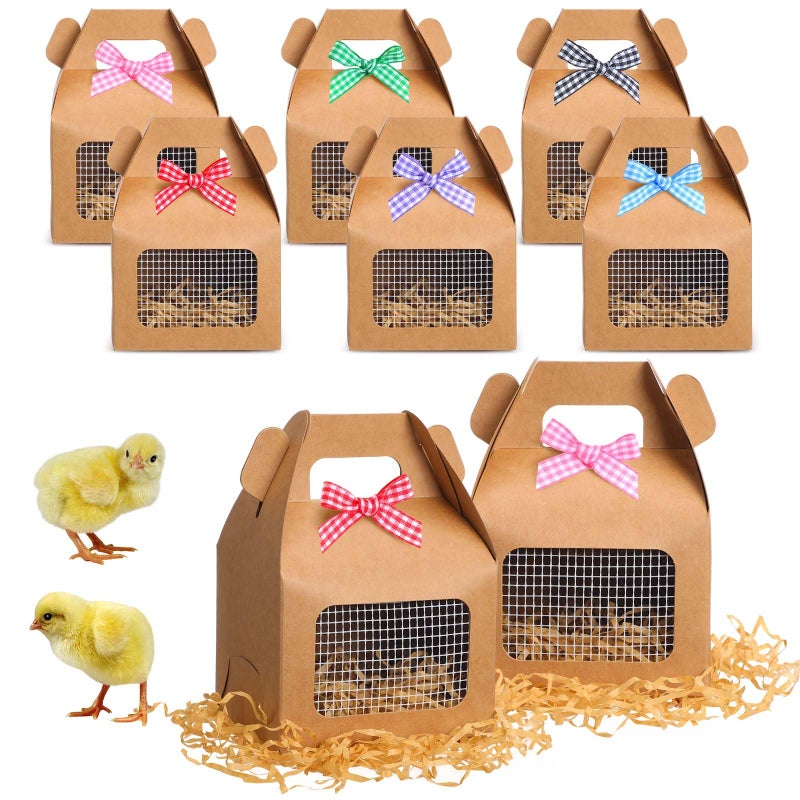 Maitys Chicken Birthday Party Favor Boxes Farm Animal Foldable Chicken Box with Raffia Grass Bow Paper Treat Goodie Boxes for Adopt Chick Party BirthdayClassic394 X 335 X 31512 Pcs - Image 2