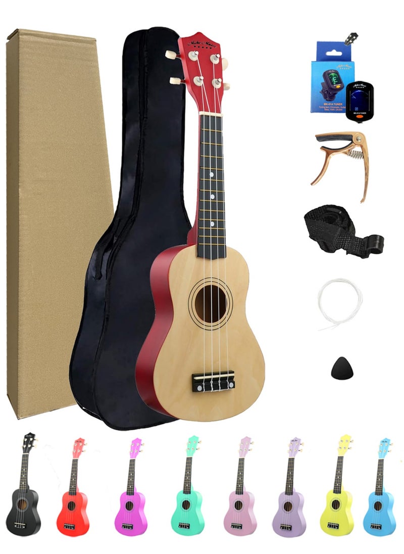 Mike Music - Beginner Ukulele Set for Kids Adults 21 inch Ukuleles Starter Kit Hawaii Mini Guitars for Students Small Guitar Ukulele with Gig Bag, Digital Tuner, Capo, Belt, 1 Spare String and Pick (Natural) - Image 1