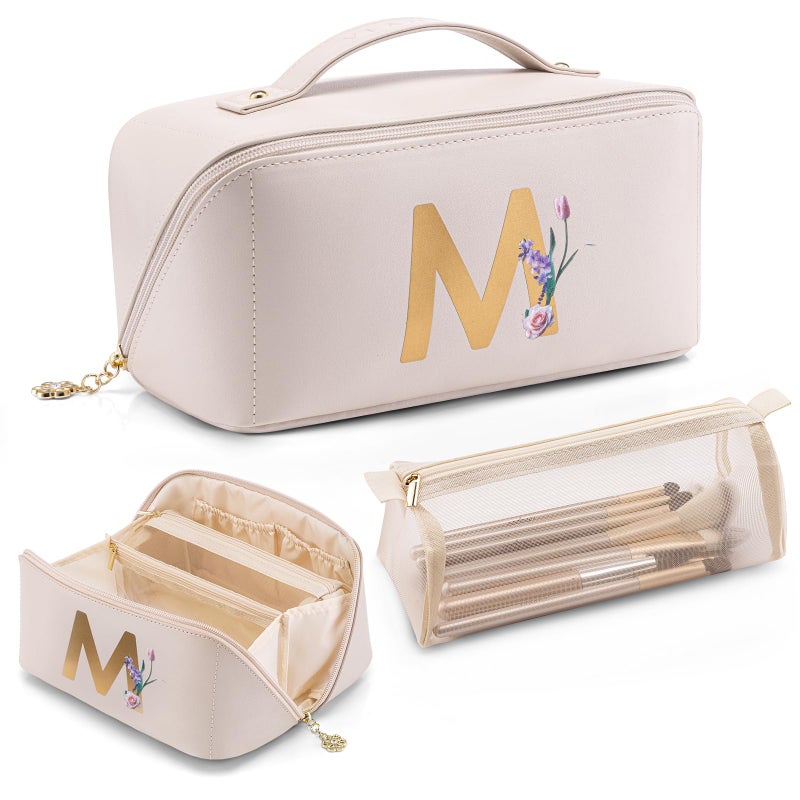 Vlando Personalized Gifts for Women,Initial Makeup Bag,Travel Makeup Bag for Women, Birthday Gifts Bridesmaid Gifts Bride Wedding Gifts Graduation Gifts Valentine's Day Gift(Letter M) - Image 1