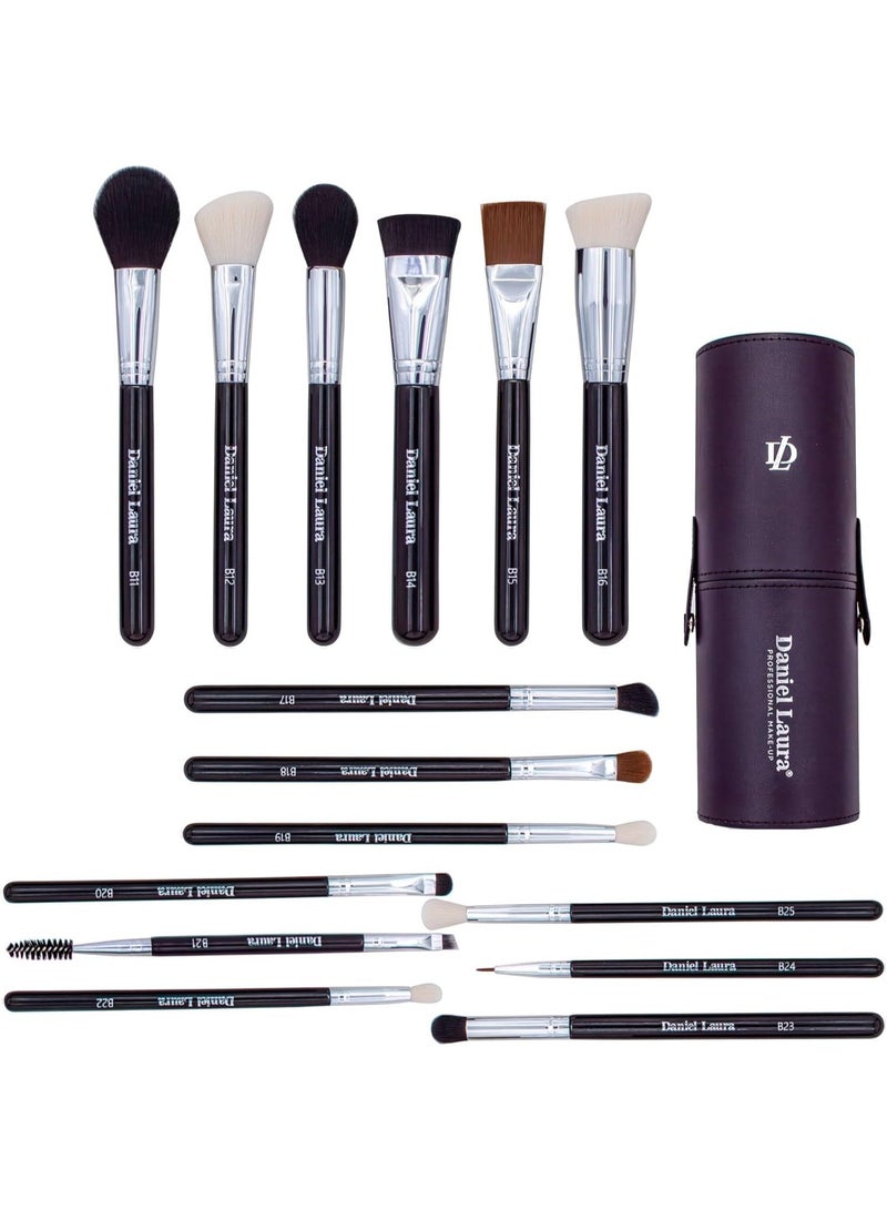 دانیال لورا مجموعة فرش مكياج ستوديو، ١٥ قطعة، تشمل فراشي لكريم الأساس، البودرة، ظلال العيون، الحواجب، المزج (Blending)، أحمر الخدود، خافي العيوب (Concealers)، والرموش. تتميز بشعيرات نباتية (فيجن) فائقة النعومة - Image 1