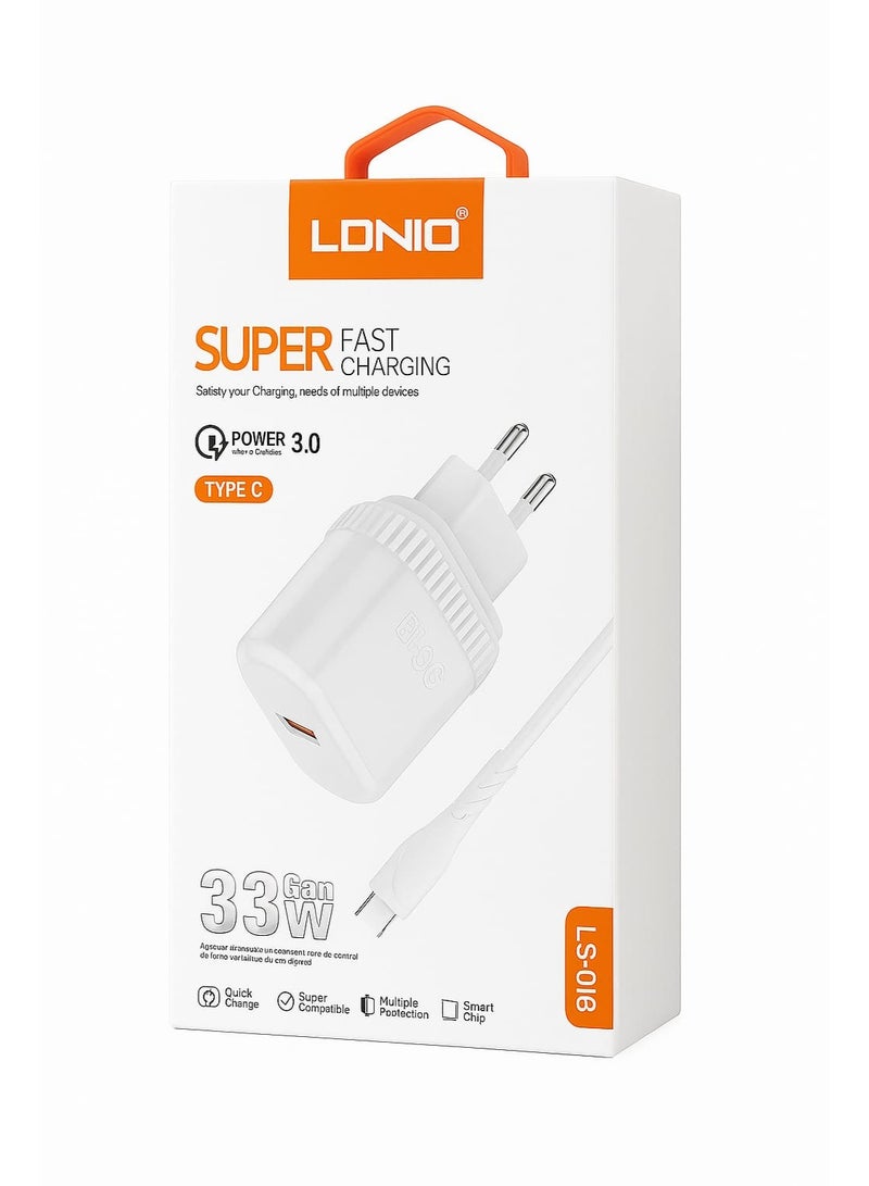 LDNIO LS-018 33W Type-C Wall Adapter Charger – Super Fast Charging with Type-C Charging Cable, Compatible with All Devices