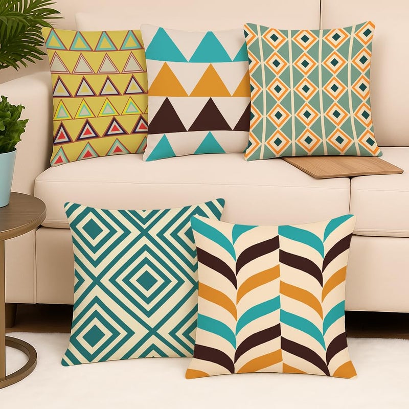 BRICK HOME Set of 5 Polycotton Printed Cushion Covers 16x16 Inches | Geometric Triangle & Diamond Pattern | Teal, Mustard, Brown & Beige | Soft Decorative Pillow Covers for Sofa, Couch & Living Room - Image 2