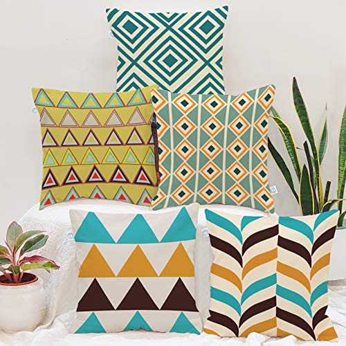 BRICK HOME Set of 5 Polycotton Printed Cushion Covers 16x16 Inches | Geometric Triangle & Diamond Pattern | Teal, Mustard, Brown & Beige | Soft Decorative Pillow Covers for Sofa, Couch & Living Room - Image 1