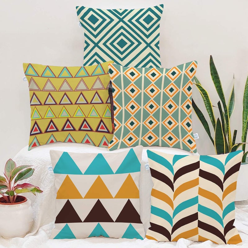 BRICK HOME Set of 5 Polycotton Printed Cushion Covers 16x16 Inches | Geometric Triangle & Diamond Pattern | Teal, Mustard, Brown & Beige | Soft Decorative Pillow Covers for Sofa, Couch & Living Room - Image 5