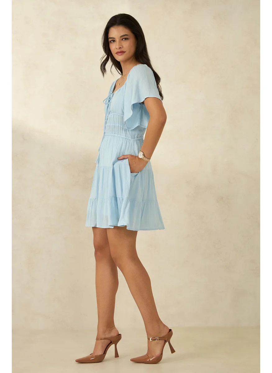 Virgio Virgio Azreen Women Viscose Square Neck Knee Length Solid Puff Sleeves Dress