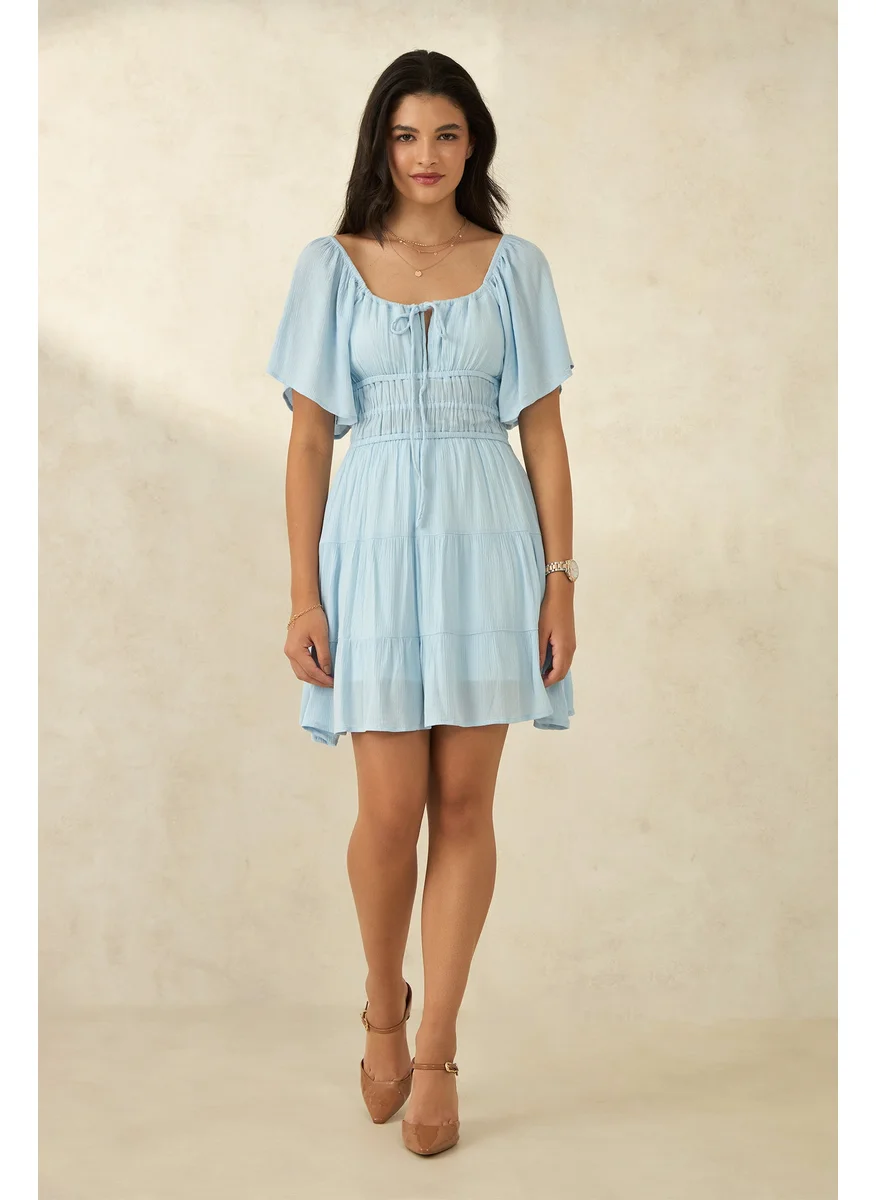 Virgio Virgio Azreen Women Viscose Square Neck Knee Length Solid Puff Sleeves Dress