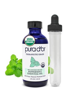 Pura d'or PURA D'OR Organic Peppermint Essential Oil (4oz with Glass Dropper) 100% Pure & Natural Therapeutic Grade - Hair, Body, Skin, Aromatherapy Diffuser, Massage, Refreshens, Energy, Mood, Home, DIY Soap 
