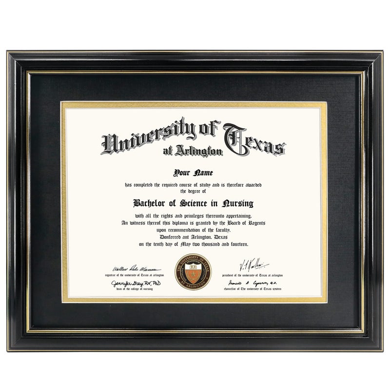 إطار دبلوم GraduationMall 85x11 مع مات أسود فوق الذهب أو عرض شهادة 11x14 بدون مات من الخشب الصلب مع حماية من الأشعة فوق البنفسجية أكريليك لامع بلمسة نهائية سوداء لامعة مع حواف ذهبية