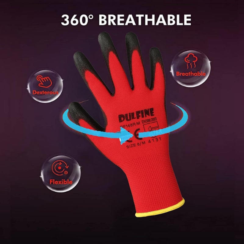 DULFINE Safety Work Gloves PU Coated-12 Pairs,Red Seamless Knit Glove with Polyurethane Coated Smooth Grip on Palm & Fingers, for Men and Women, Ideal for General Duty Work (Small) - Image 2