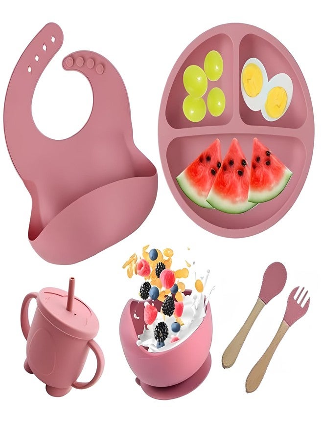 BIYALI Baby Feeding Set–6pc Silicone Baby Cutlery Set for Baby 6+ Months–Baby Suction Plate &Spoon Cutlery Set–Silicone bib & Bowl Baby Dining Set–Dishwasher Safe–Toddler Essentials (Pink) - Image 1