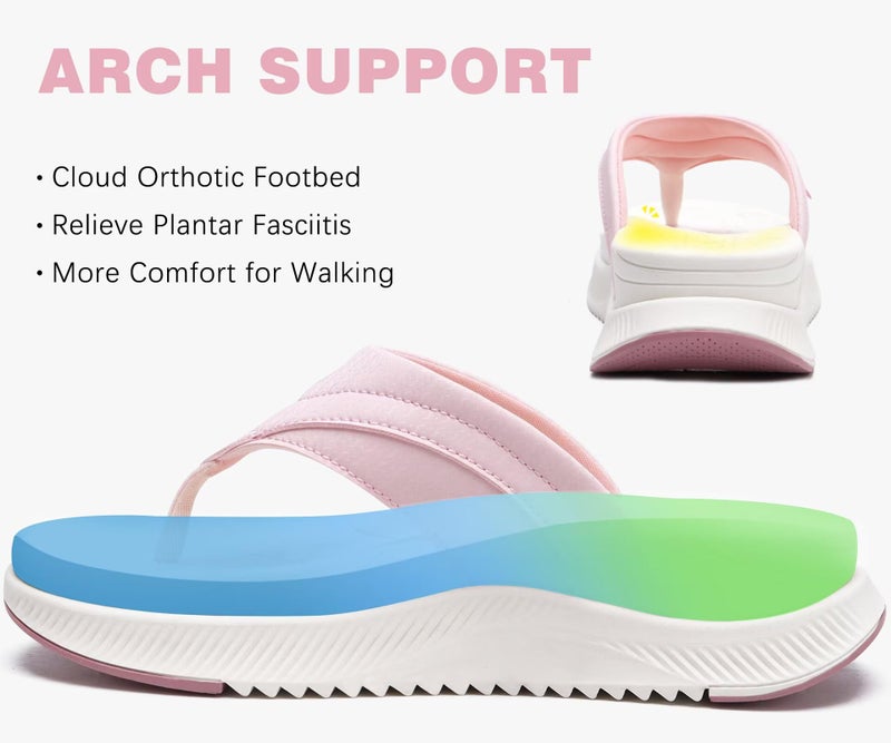 ONCAI Orthopedic Flip Flops Women with Arch Support Ladies Orthotic Recovery Sandals 2025 Comfortable Plantar Fasciitis Slip On Walking Sandal for Womans Indoor Casual Summer PinkWhite Size 9 - Image 2