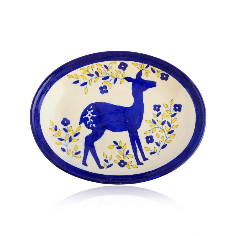 NATRIEL Blue Pottery White Color Plate Artisan Handcrafted Plate for Classic Home and Kitchen Decor and Serving Handmade and Handpainted Blue Deer Greater Than 10 - Image 1