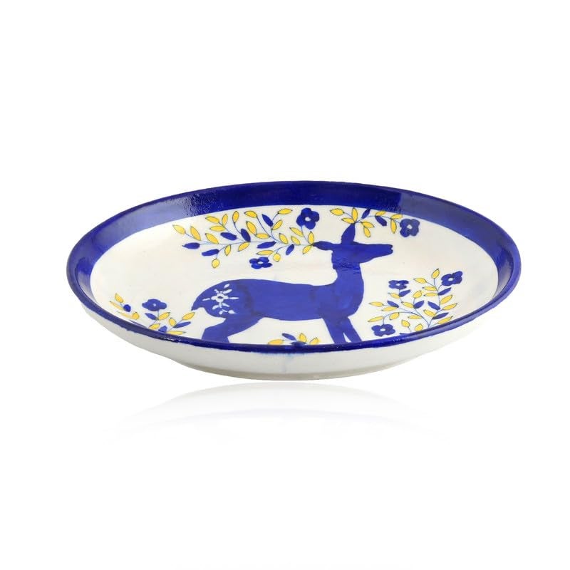 NATRIEL Blue Pottery White Color Plate Artisan Handcrafted Plate for Classic Home and Kitchen Decor and Serving Handmade and Handpainted Blue Deer Greater Than 10 - Image 2
