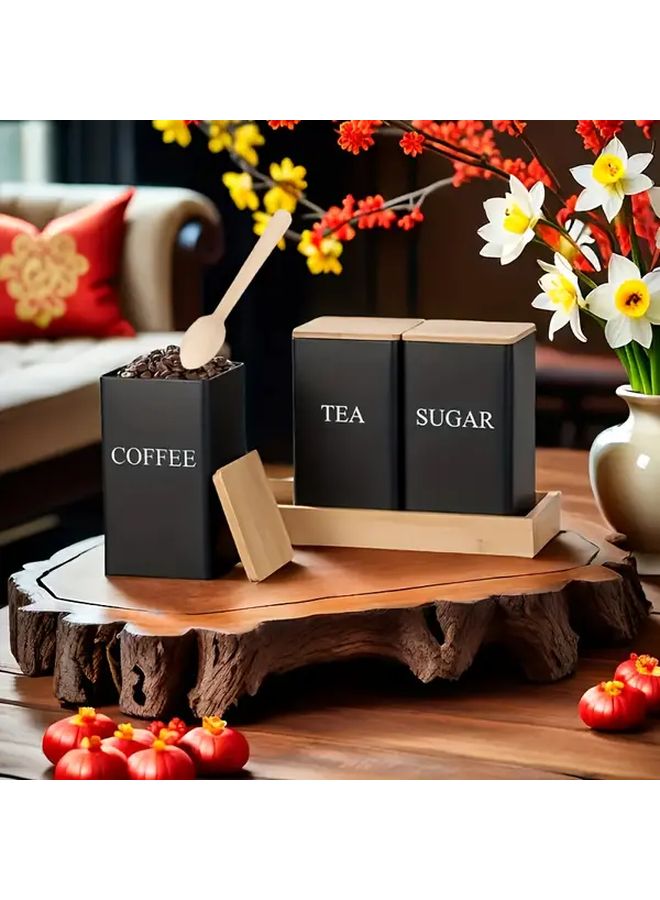 White Sugar Bowl With 3 Spoons Minimalist Coffee Tea Cans Waterproof Bamboo Lid Heavy Duty Iron Storage Containers - Image 3