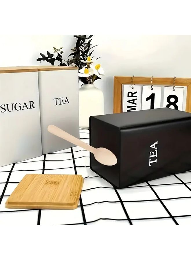 White Sugar Bowl With 3 Spoons Minimalist Coffee Tea Cans Waterproof Bamboo Lid Heavy Duty Iron Storage Containers - Image 2