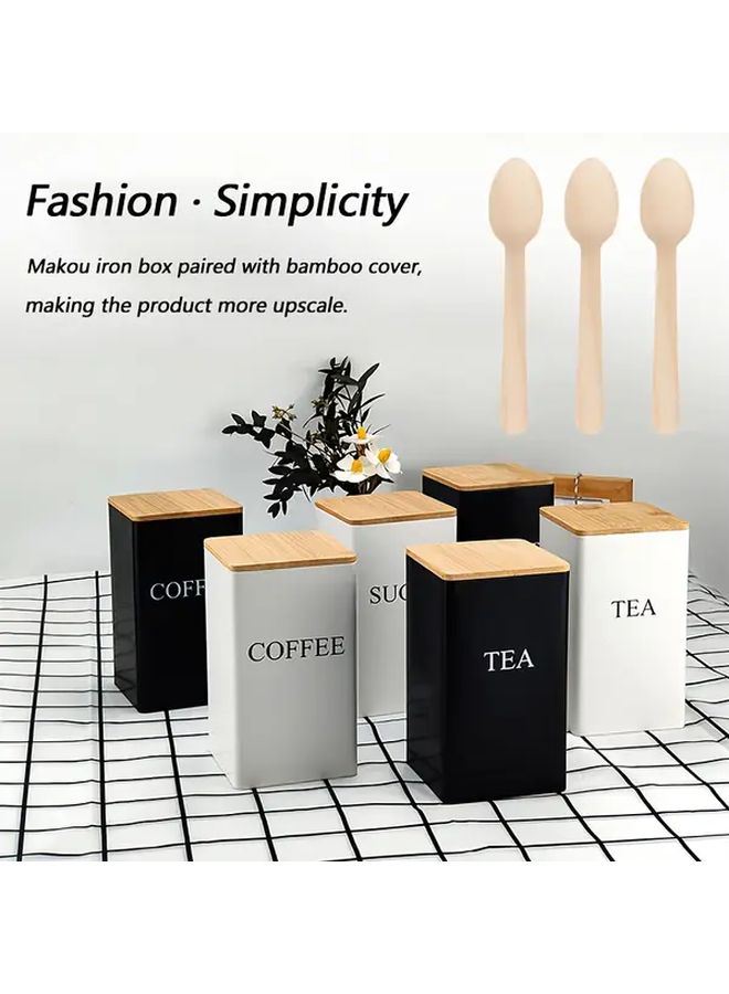 White Sugar Bowl With 3 Spoons Minimalist Coffee Tea Cans Waterproof Bamboo Lid Heavy Duty Iron Storage Containers - Image 1