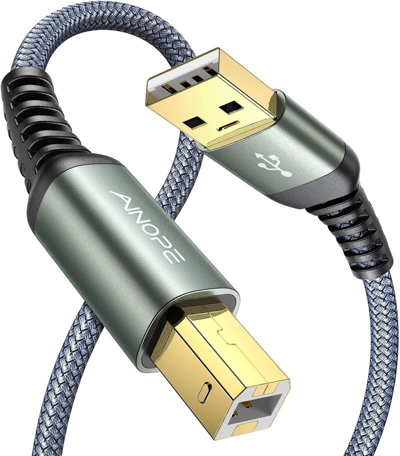 Ainope كابل طابعة، كابل USB 2.0 مضفر من النايلون للطابعة إلى الكمبيوتر، نوع A/رمادي/6.6 قدم - Image 1