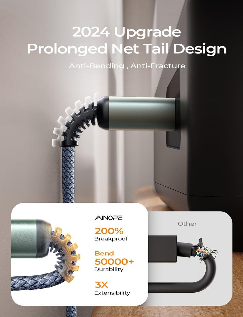 Ainope كابل طابعة، كابل USB 2.0 مضفر من النايلون للطابعة إلى الكمبيوتر، نوع A/رمادي/6.6 قدم - Image 3