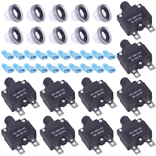 Rustark 30 Pcs DC Push Button Reset Circuit Breaker Assorted Set with Quick Connect Terminals and Waterproof Button Caps, 5A 10A 15A 20A 30A Overload Protector Switch Kit for Automotive Marine - Image 1