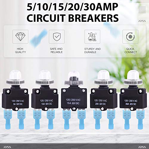 Rustark 30 Pcs DC Push Button Reset Circuit Breaker Assorted Set with Quick Connect Terminals and Waterproof Button Caps, 5A 10A 15A 20A 30A Overload Protector Switch Kit for Automotive Marine - Image 3