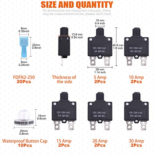 Rustark 30 Pcs DC Push Button Reset Circuit Breaker Assorted Set with Quick Connect Terminals and Waterproof Button Caps, 5A 10A 15A 20A 30A Overload Protector Switch Kit for Automotive Marine - Image 2