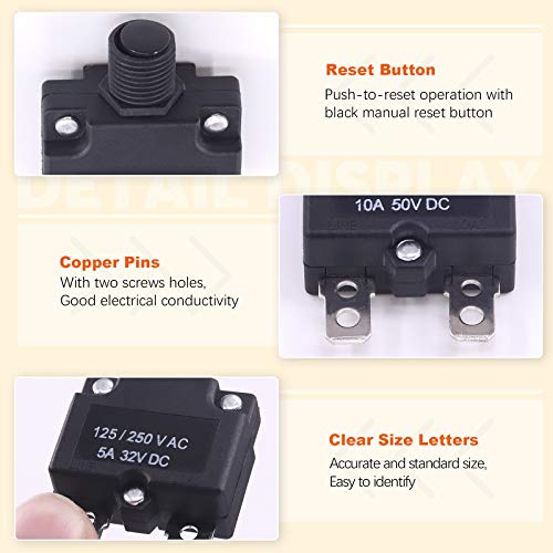 Rustark 30 Pcs DC Push Button Reset Circuit Breaker Assorted Set with Quick Connect Terminals and Waterproof Button Caps, 5A 10A 15A 20A 30A Overload Protector Switch Kit for Automotive Marine - Image 4
