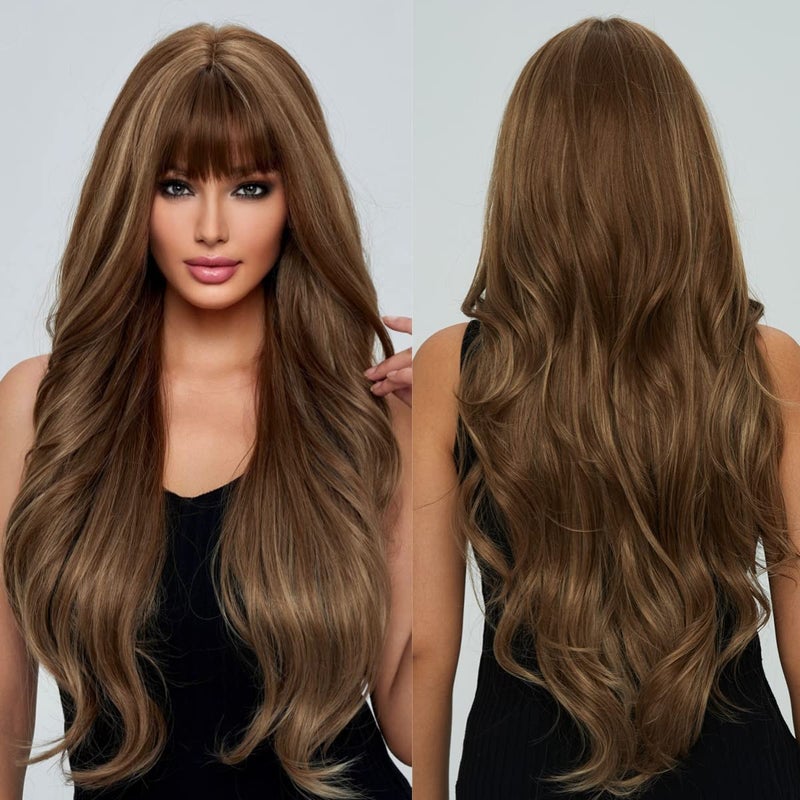 EMMOR Long Curly Light Brown Wigs with Bangs for Women Heat Resistant Synthetic Wavy Wigs for DailyPartyCosplay