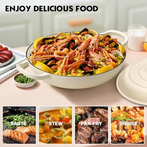 Overmont Enameled Cast Iron Dutch Oven - 3.8 Quart Dutch Oven Pot with Lid - Shallow Cookware Braising Pan - Cast iron Casserole with Cookbook & Heat-resistant Caps - Oven Safe up to 500° F - Image 2