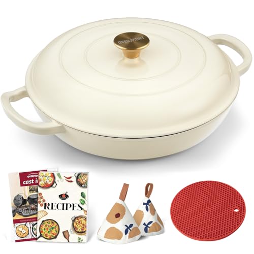 Overmont Enameled Cast Iron Dutch Oven - 3.8 Quart Dutch Oven Pot with Lid - Shallow Cookware Braising Pan - Cast iron Casserole with Cookbook & Heat-resistant Caps - Oven Safe up to 500° F - Image 1