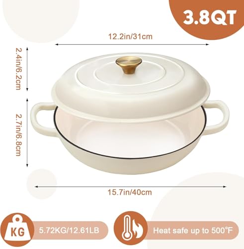Overmont Enameled Cast Iron Dutch Oven - 3.8 Quart Dutch Oven Pot with Lid - Shallow Cookware Braising Pan - Cast iron Casserole with Cookbook & Heat-resistant Caps - Oven Safe up to 500° F - Image 5
