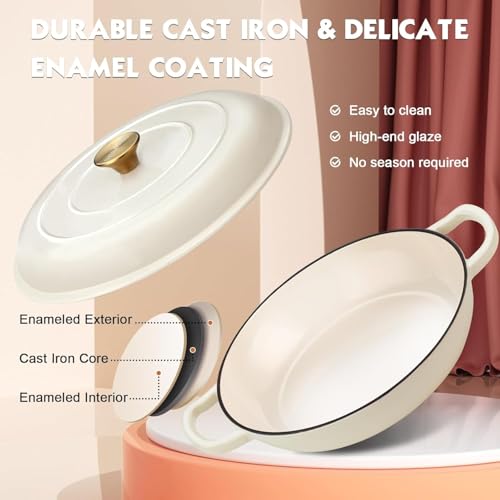 Overmont Enameled Cast Iron Dutch Oven - 3.8 Quart Dutch Oven Pot with Lid - Shallow Cookware Braising Pan - Cast iron Casserole with Cookbook & Heat-resistant Caps - Oven Safe up to 500° F - Image 3