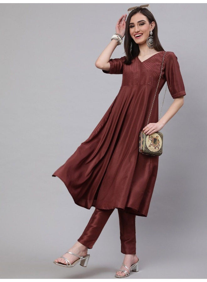 أيه كيه إس يُوك مُزيّن بالترتر بني أناركالي - Image 1