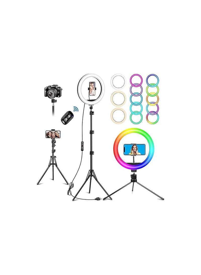 10-Inch RGB LED Ring Light with Tripod and Phone Holder – 37 Lighting Modes, Dimmable, Remote Control – For Photo and Video