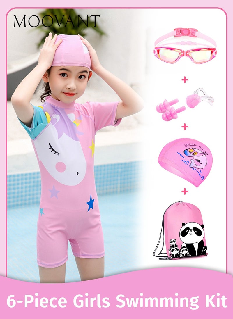 Moovant Girl's One Piece Swimdress Set, with Nose Clip, Ear Plugs, Goggle Case, and Swim Cap, Kids Complete Swimwear Kit, Waterproof Swimming Gear - Image 1