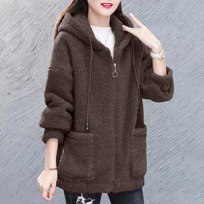 Large size lamb fleece sweater women plus velvet padded 2022 autumn and winter loose Korean zipper warm cardigan coat trendy Coffee  - Image 1