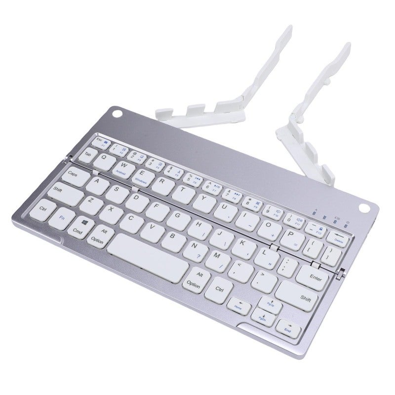 Foldable Bluetooth Keyboard 60-Key Silver White Ergonomic Matte Touch - Concealed Phone Stand Portable Rechargeable Keyboard for Travel iOS Android Windows Devices - Image 3