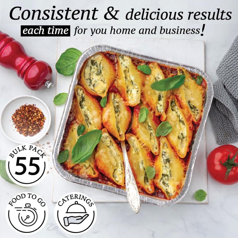 Spare Essentials 8x8 Foil Pans (55 Pack) - 8 Inch Square Aluminum Pans - Disposable Baking Pans for Heating, Prepping Food & Baking Cakes - Aluminum Baking Pans Disposable - 8 x 8 Baking Pan - Bottom: 6.5x6.5 - Image 4